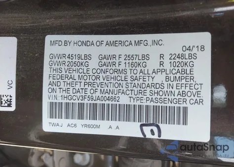 2018 Honda Accord Hybrid Ex-L z USA, uszkodzony, nr VIN 1HGCV3F59JA004662